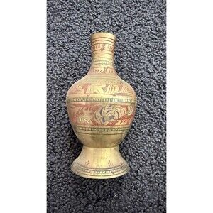 Mid‑Century Brass Engraved Vase – India – Red Enamel Bands – Vintage Decor
